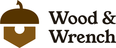 Wood & Wrench logo with a combined acorn and nut graphic